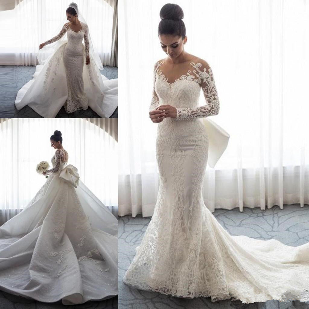 Chic Mermaid Lace Long Sleeves Wedding Dress With Detachable Train-BMbridal.com