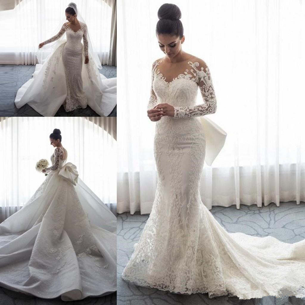 Chic Mermaid Lace Long Sleeves Wedding Dress With Detachable Train-BMbridal.com