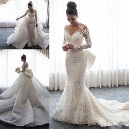 Chic Mermaid Lace Long Sleeves Wedding Dress With Detachable Train-BMbridal.com