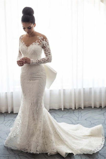 Chic Mermaid Lace Long Sleeves Wedding Dress With Detachable Train-BMbridal.com