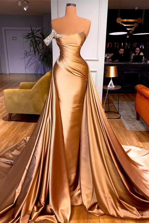 Chic One Shoulder Crystal Mermaid Prom Dress With Detachable Train-BMbridal.com