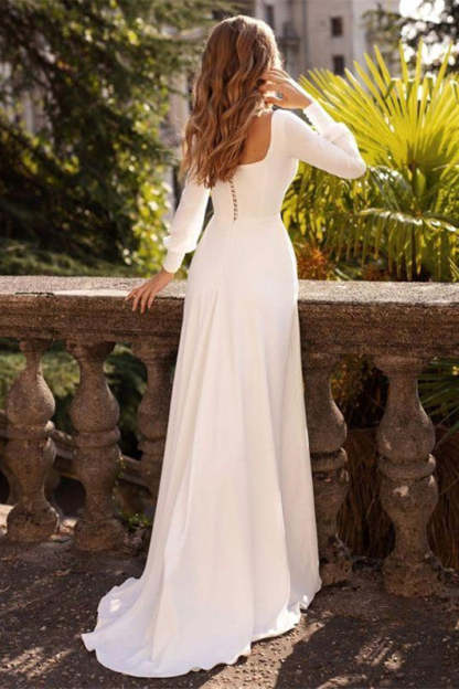 Chic White Satin Long Sleeves A-Line Wedding Dresses Long-BMbridal.com