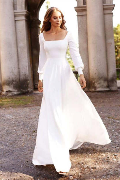 Chic White Satin Long Sleeves A-Line Wedding Dresses Long-BMbridal.com