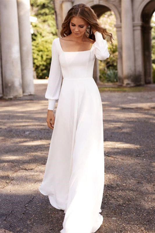 Chic White Satin Long Sleeves A-Line Wedding Dresses Long-BMbridal.com