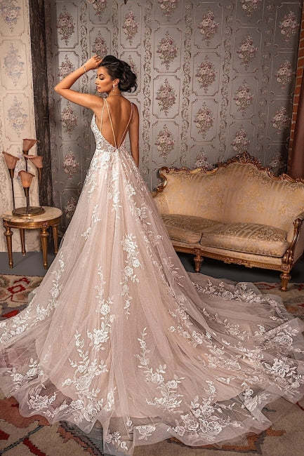 Classy V-neck Appliques Lace Spaghetti Straps Sleeveless A-Line Wedding Dresses-BMbridal.com