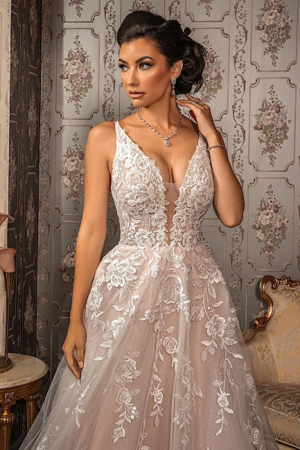 Classy V-neck Appliques Lace Spaghetti Straps Sleeveless A-Line Wedding Dresses-BMbridal.com