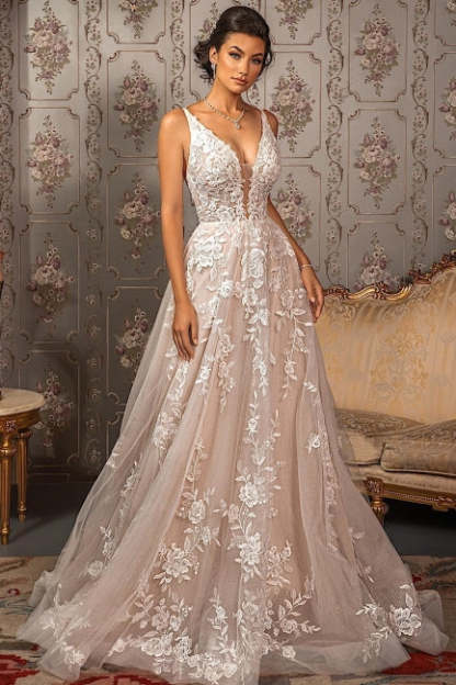 Classy V-neck Appliques Lace Spaghetti Straps Sleeveless A-Line Wedding Dresses-BMbridal.com