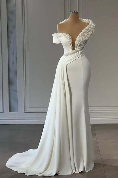 Classy V-neck Off-the-shoulder Beading Sleeveless Mermaid Wedding Dresses-BMbridal.com