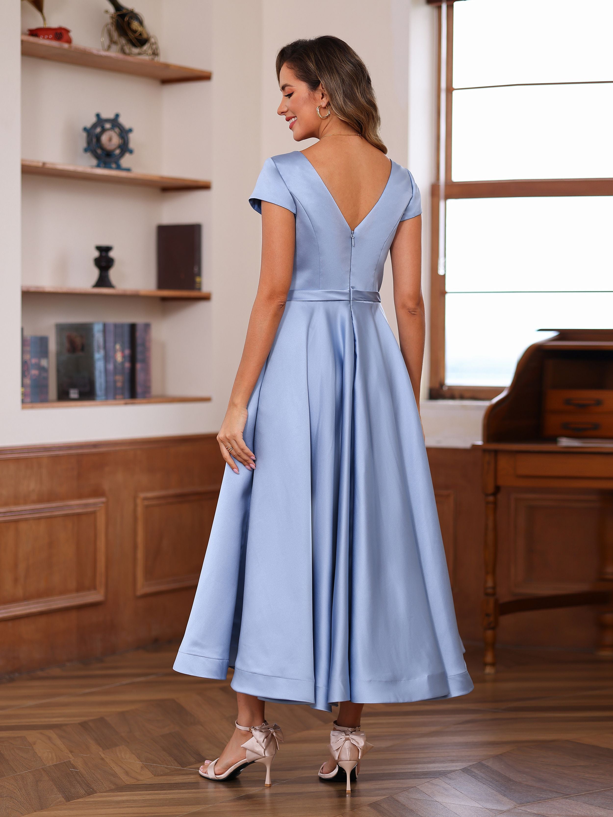 V-Neck A-Line Princess Short Sleeve Ankle-Length Mother of the Bride Dress With Pockets and Ruffles-BMbridal