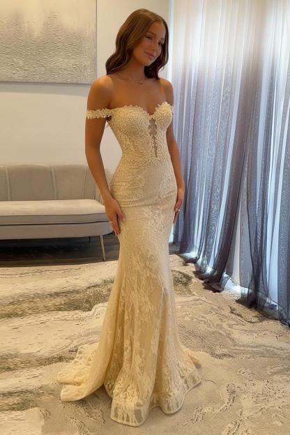 Navy Prom Dress Off The Shoulder Mermaid Long Lace Formal Dress