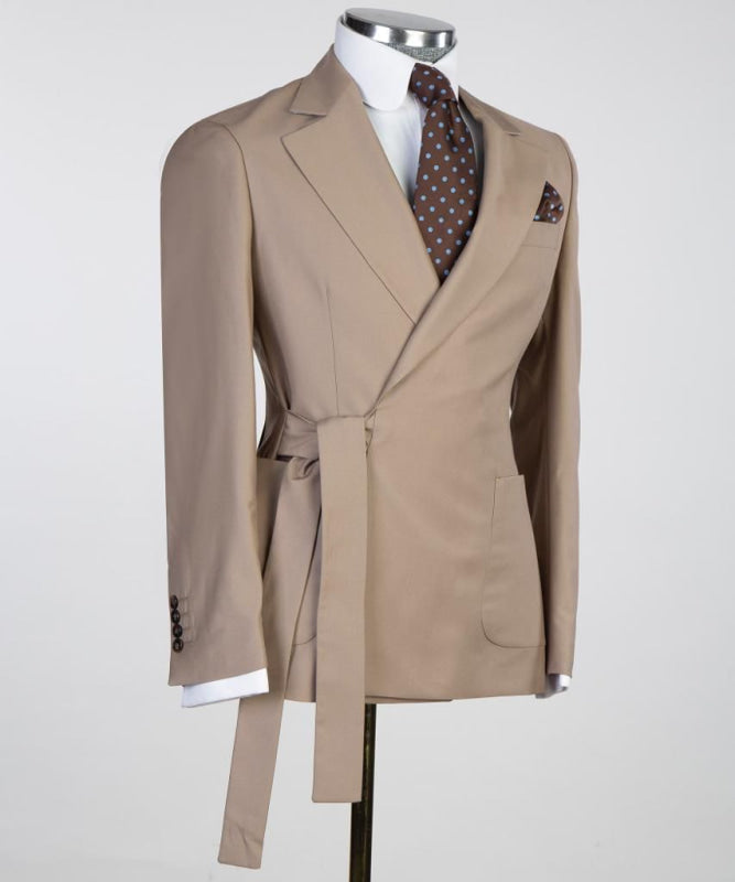 Custom Made Notched Lapel Two Pieces Brown Prom Suits with Belt-BMbridal