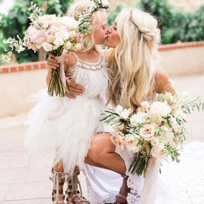 Cute A-line Tea Length Spaghetti Straps Feather Flower Girl Dresses-BMbridal.com
