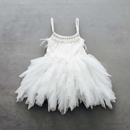 Cute A-line Tea Length Spaghetti Straps Feather Flower Girl Dresses-BMbridal.com
