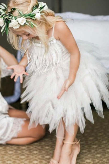 Cute A-line Tea Length Spaghetti Straps Feather Flower Girl Dresses-BMbridal.com