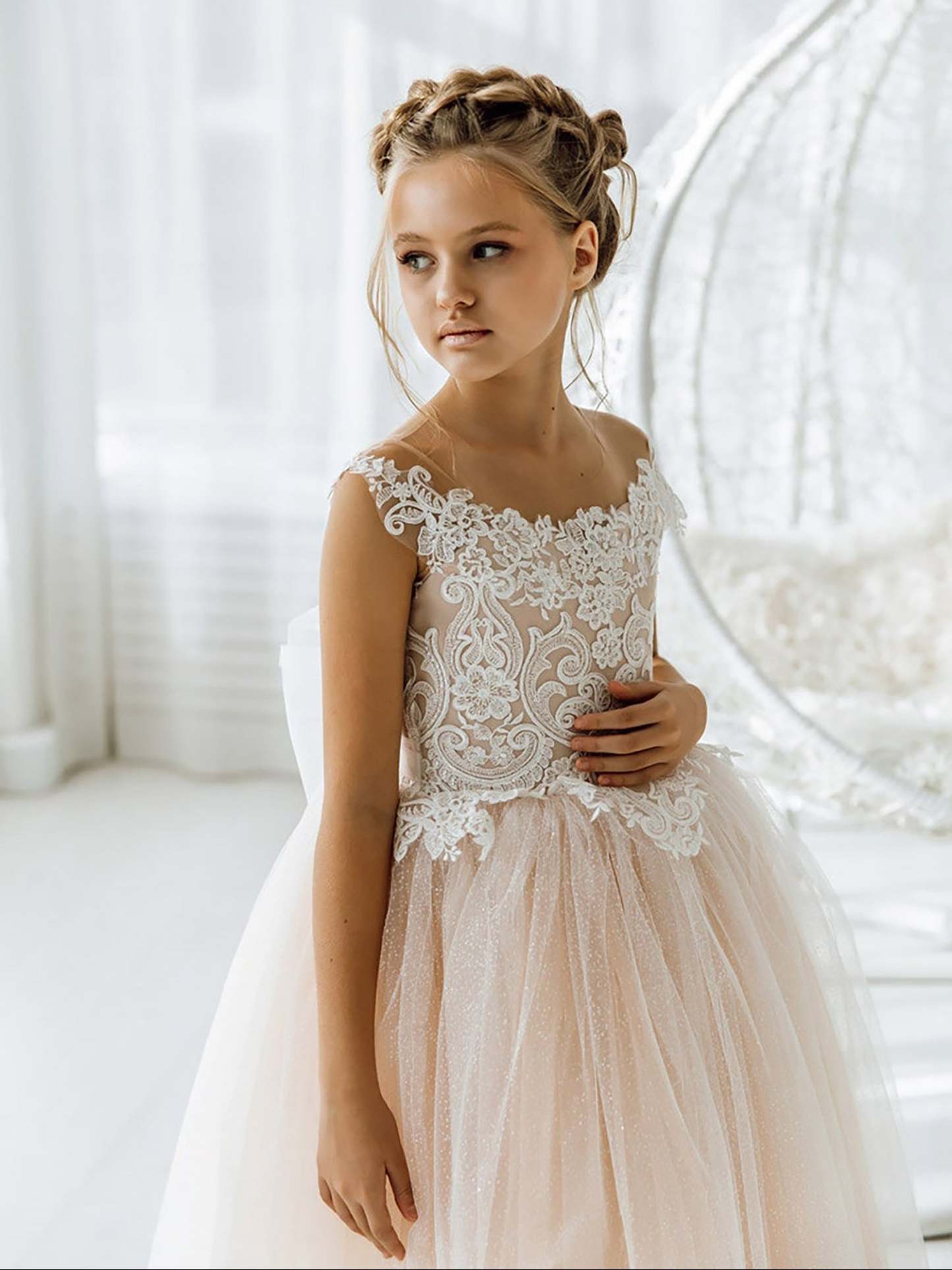 Cute Sleeveless Floral Lace Champagne Flower Girl Dress-BMbridal