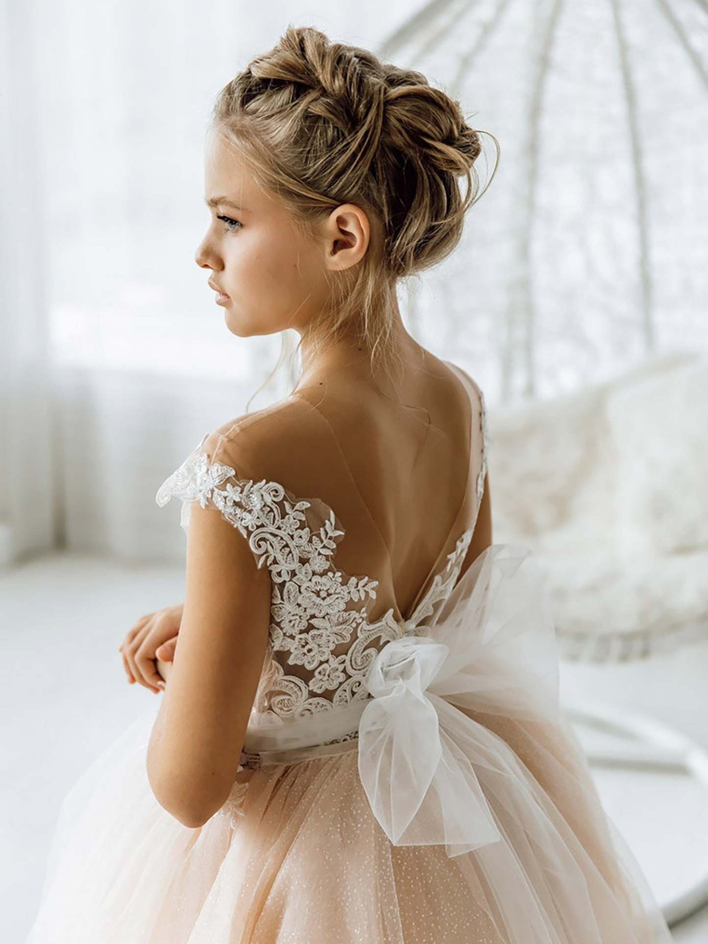 Cute Sleeveless Floral Lace Champagne Flower Girl Dress-BMbridal