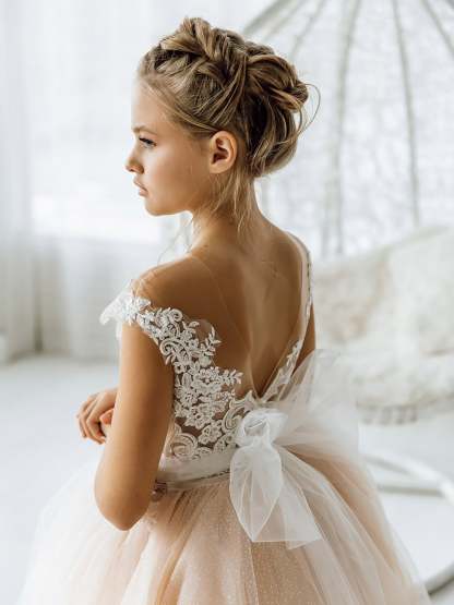 Cute Sleeveless Floral Lace Champagne Flower Girl Dress-BMbridal