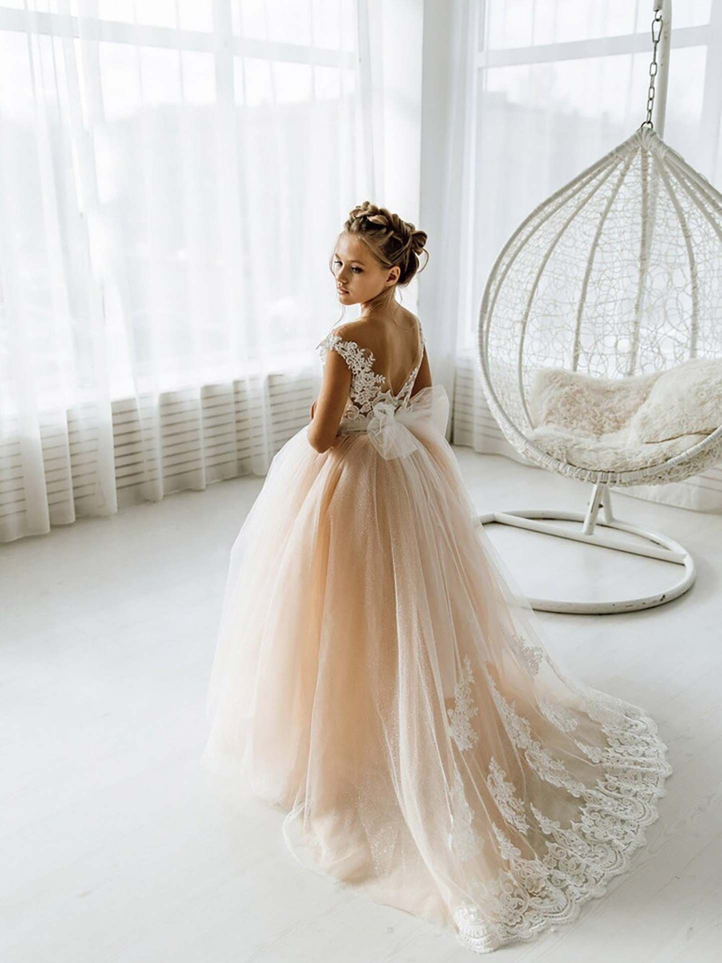 Cute Sleeveless Floral Lace Champagne Flower Girl Dress-BMbridal