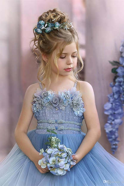 Cute Strapless Dusty Blue Ruffles Puffy Princess Flower Girl Dresses-BMbridal.com