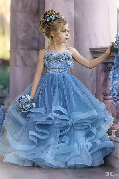 Cute Strapless Dusty Blue Ruffles Puffy Princess Flower Girl Dresses-BMbridal.com