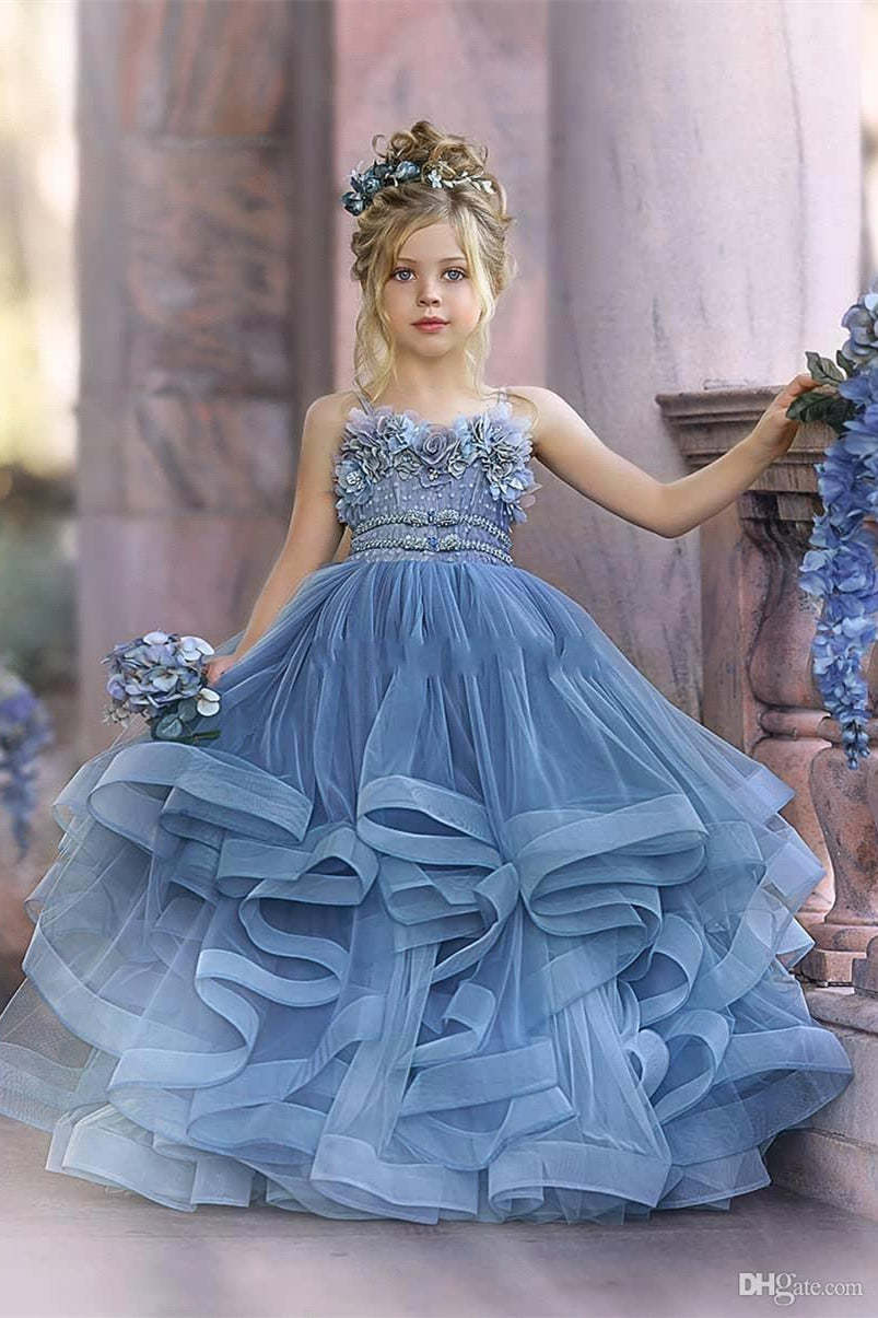 Cute Strapless Dusty Blue Ruffles Puffy Princess Flower Girl Dresses-BMbridal.com
