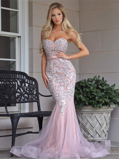 Bmbridal Sweetheart Pink Mermaid Prom Dress With Lace Appliques