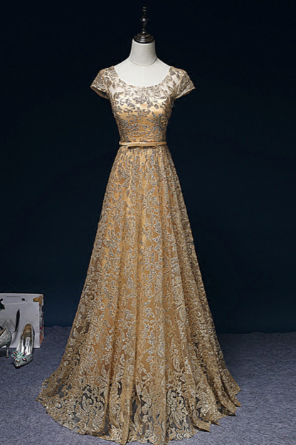 BMbridal Gorgeous Tulle Lace Jewel Gold Prom Dresses Short Sleeves Appliques A-Line Formal Dresses