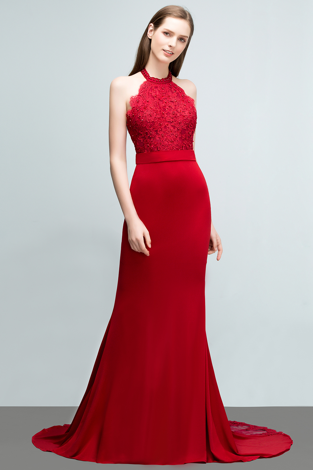 BMbridal Halter Lace Mermaid Prom Dress Long Backless With Lace Appliques
