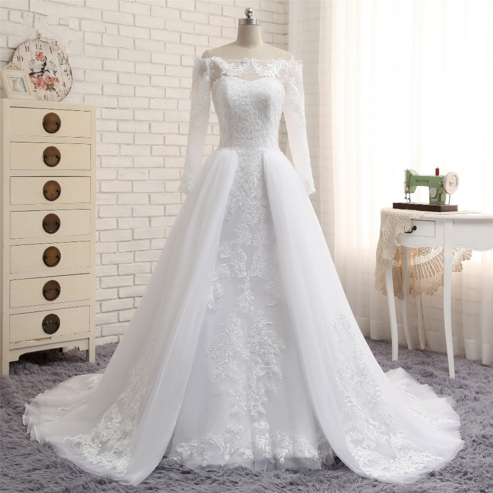 BMbridal Unique Bateau Longsleeves A-line Wedding Dresses With Appliques White Tulle Bridal Gowns On Sale-BMbridal