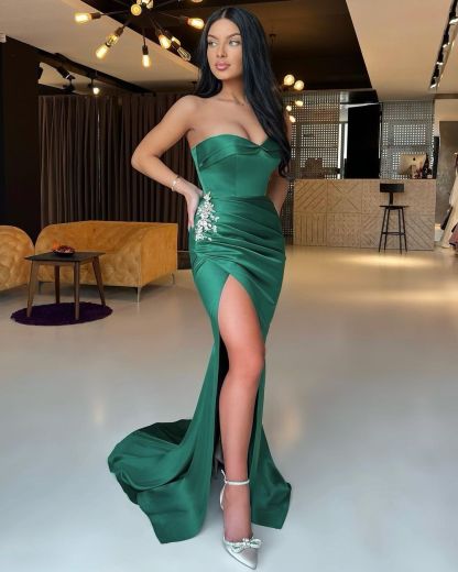 Bmbridal Emerald Green Sweetheart Prom Dress Mermaid Long With Split Beads