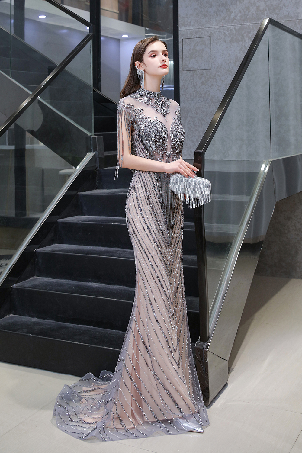 BMbridal Luxurious Crystal Beadings Mermaid Prom Dress Long On Sale