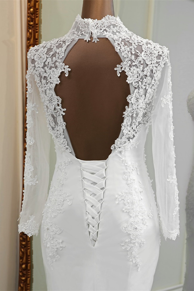BMbridal Elegant Long Sleeves Lace Mermaid Wedding Dresses Appliques White Bridal Gowns with Beadings-BMbridal
