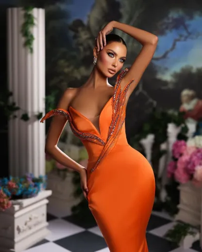 Bmbridal Orange Mermaid Prom Dress Sleeveless Sequin Dress