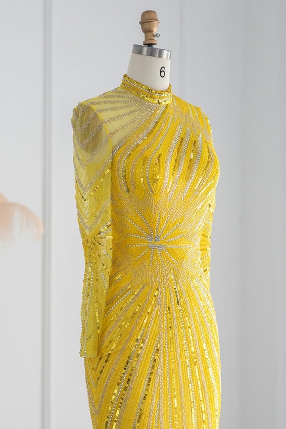Bmbridal Yellow Floor-Length Long Sleeves High Neck Tulle Prom Dresses with Beadings