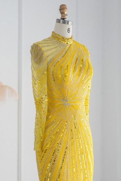 Bmbridal Yellow Floor-Length Long Sleeves High Neck Tulle Prom Dresses with Beadings