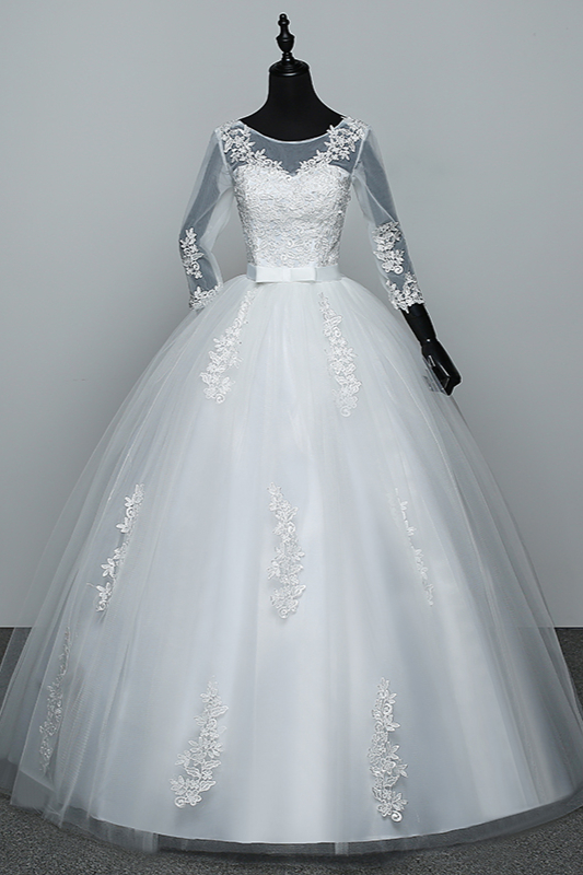 BMbridal Gorgeous Jewel Tulle Lace White Wedding Dresses 3/4 Sleeves Appliques Bridal Gowns On Sale