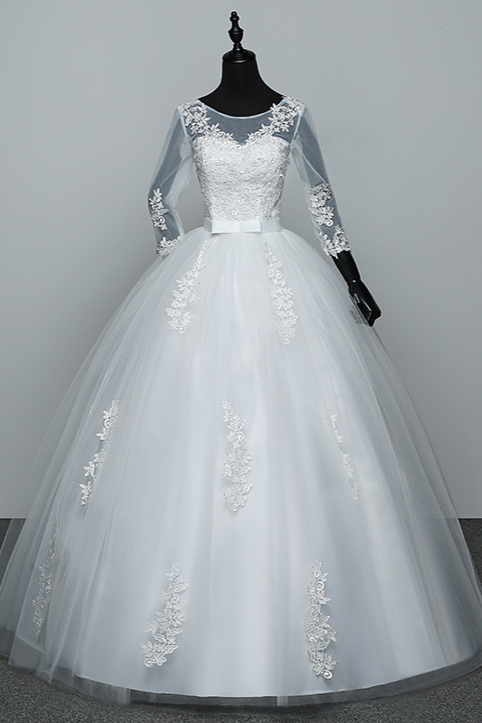 BMbridal Gorgeous Jewel Tulle Lace White Wedding Dresses 3/4 Sleeves Appliques Bridal Gowns On Sale