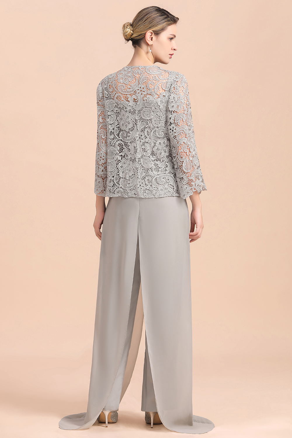 BMbridal Elegant Silver Lace Top Chiffon Mother of Bride Jumpsuit Online with Wrap-BMbridal