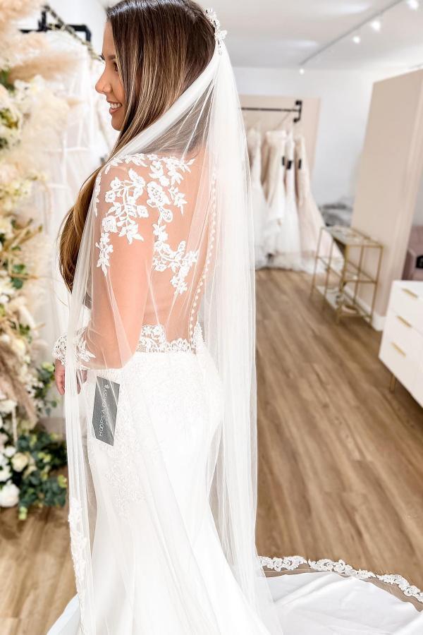 Bmbridal Long Sleeves Mermaid Wedding Dress Lace Zipper Button Back-BMbridal