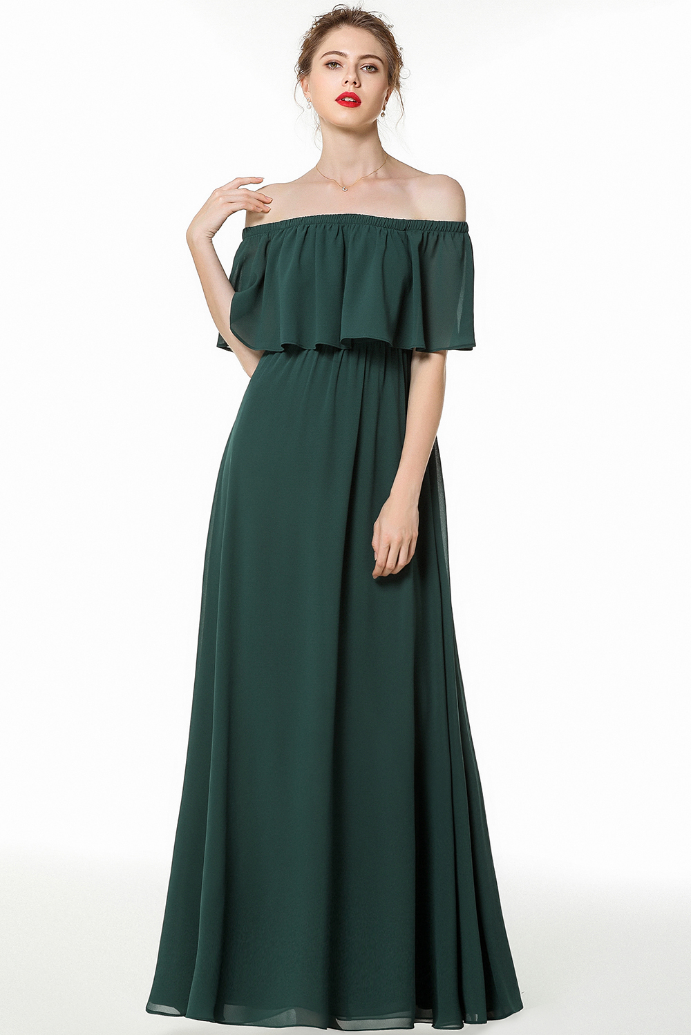 BMbridal Gorgeous Chiffon Flounced Crinkle Cold-shoulder Long Bridesmaid Dresses Affordable-BMbridal