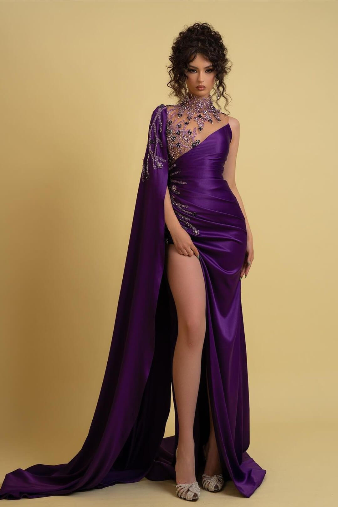 Designer A-line High Neck Sleeveless Beading Satin Prom Dress With Split