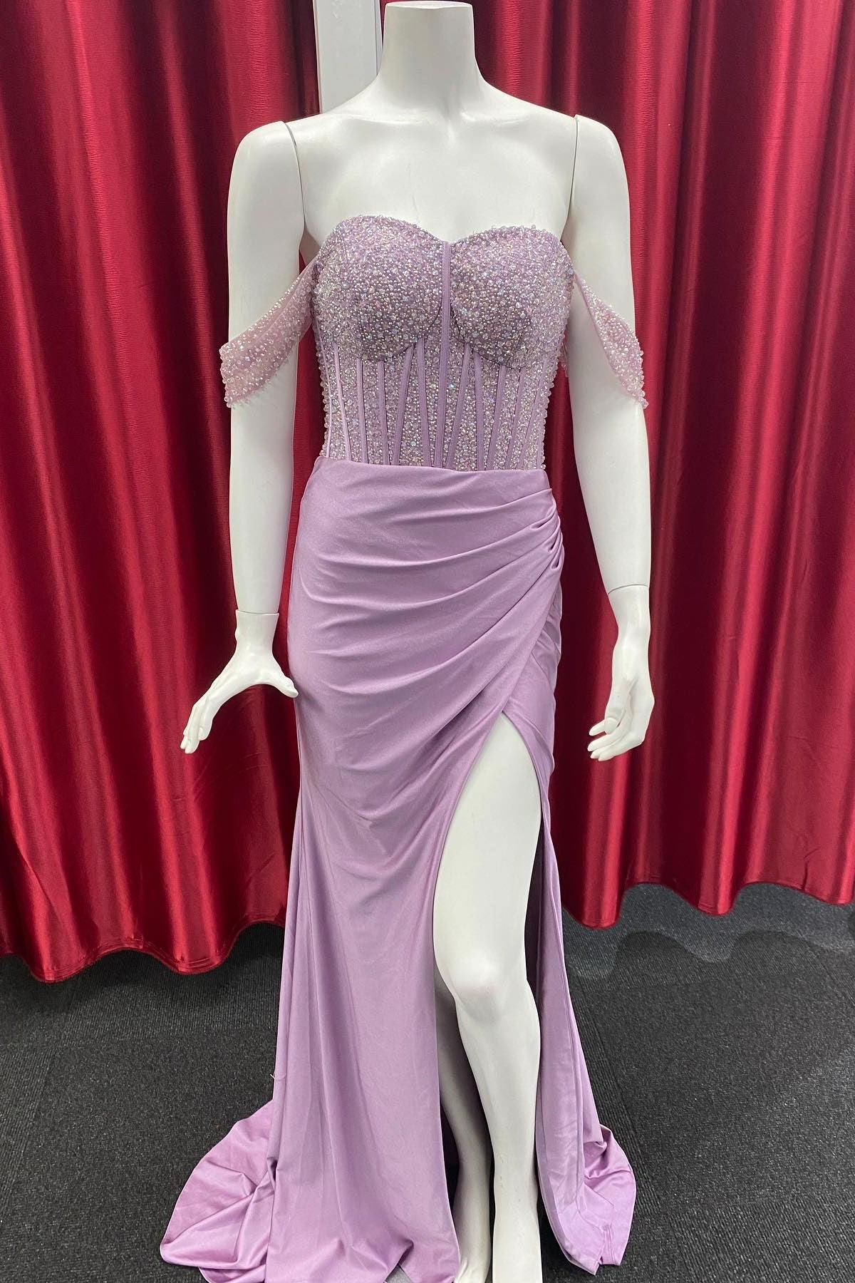 Amazing Navy Blue Off-the-Shoulder Prom Dress Slit Long With Beadings