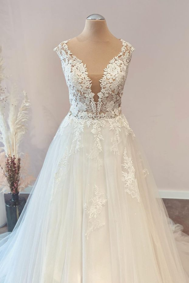 Bmbridal Cap Sleevels Princess Wedding Dress Lace Tulle Long-BMbridal