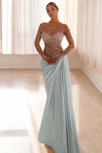 Jewel Neck Long Sleeves Long Mermaid Prom Dress With Pleated