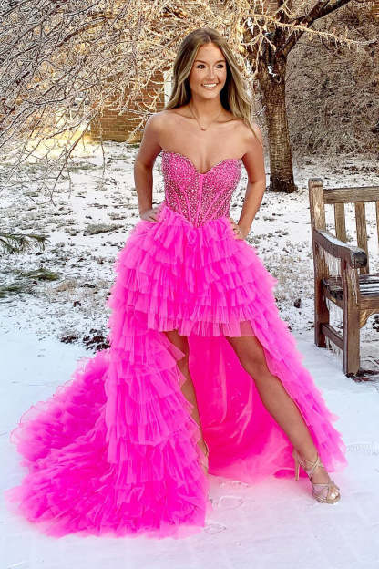 Red Beaded A-Line Tiered High Low Prom Homecoming Dress