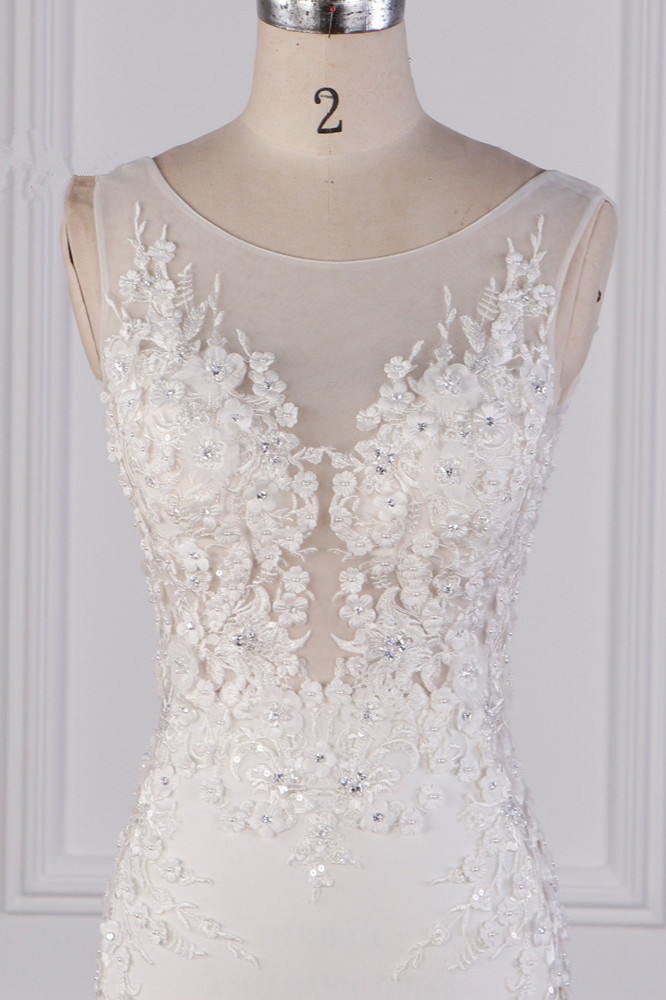 BMbridal Glamorous Jewel Tulle Lace Wedding Dress Sleeveless Appliques Beadings Bridal Gowns Online-BMbridal