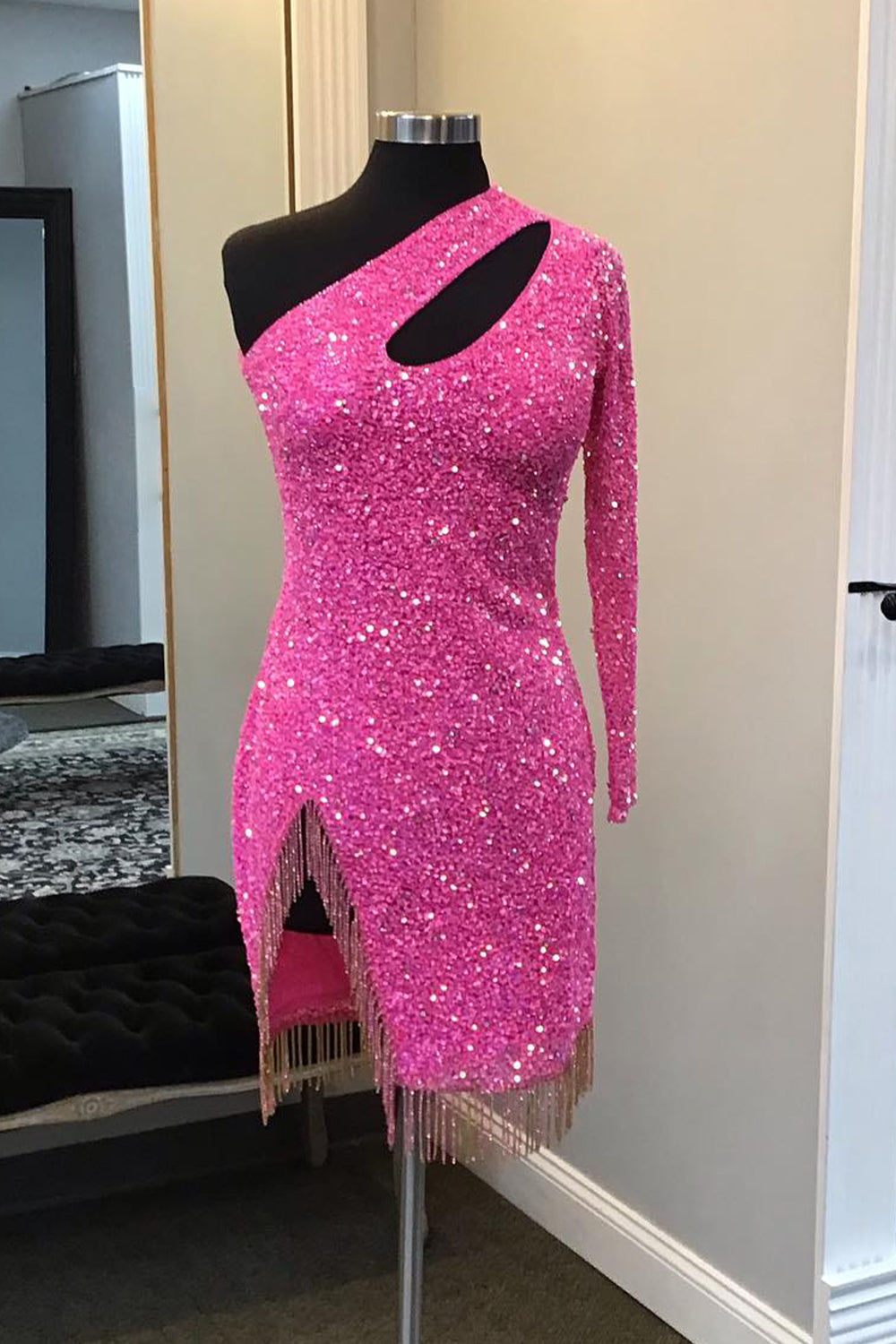 Sparkly Hot Pink Sequin Beaded Cut Out Tight Short Homecoming Dress with Fringes-BMbridal