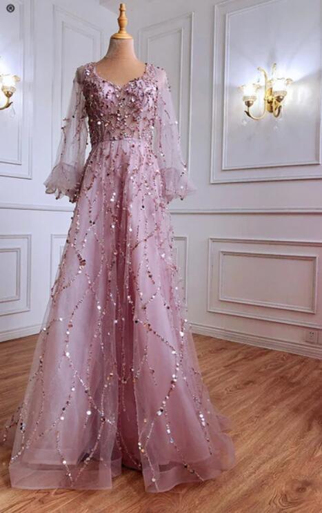 Bmbridal Gold Long Sleeves Prom Dress V-Neck With Sequins Appliques