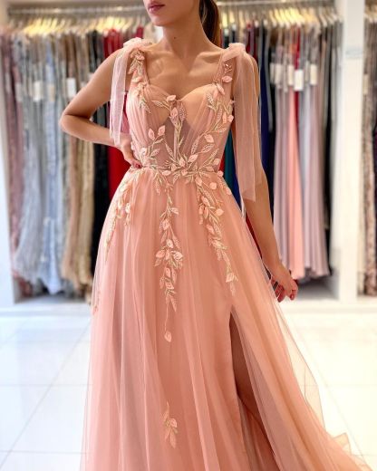 Bmbridal Fairy Tulle Prom Dress Slit Long With Appliques