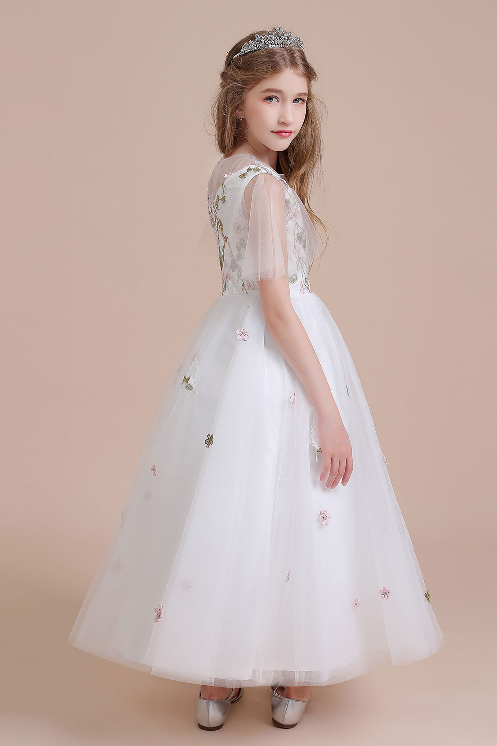 BMbridal A-Line Short Sleeve Embroidered Tulle Flower Girl Dress On Sale-BMbridal